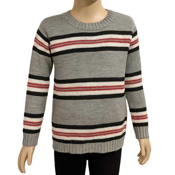 Girls Gray Striped Crewneck Knit Pullover Sweater - Picture 2 of 7